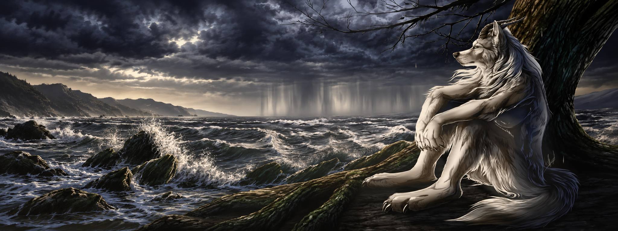 Silver wolf resting beneath a tree beside a rocky coast, rough waves, and storm clouds